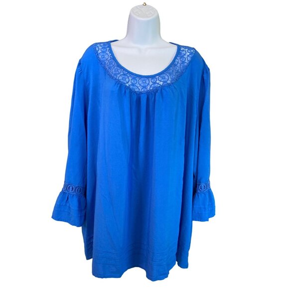 Melissa Paige Tunic Top 3X Blue Rayon Lace Trim Bell Sleeves Boho Lagenlook - Picture 1 of 7
